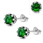 Vintage Royal Crown Celtic Emerald Green CZ Sterling Silver Stud Earrings - e455